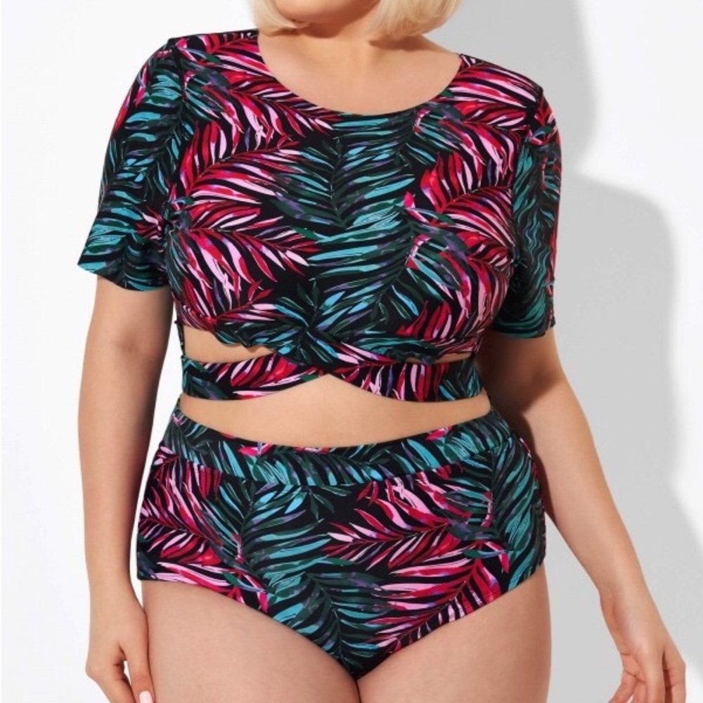 MeetCurve 2-piece bikini w/sleeves, size L, black, magenta, teal pattern, NWT